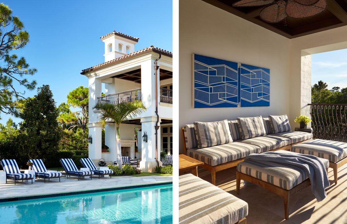 View of outdoor pool and seating, as well as indoor lounge area by the balcony