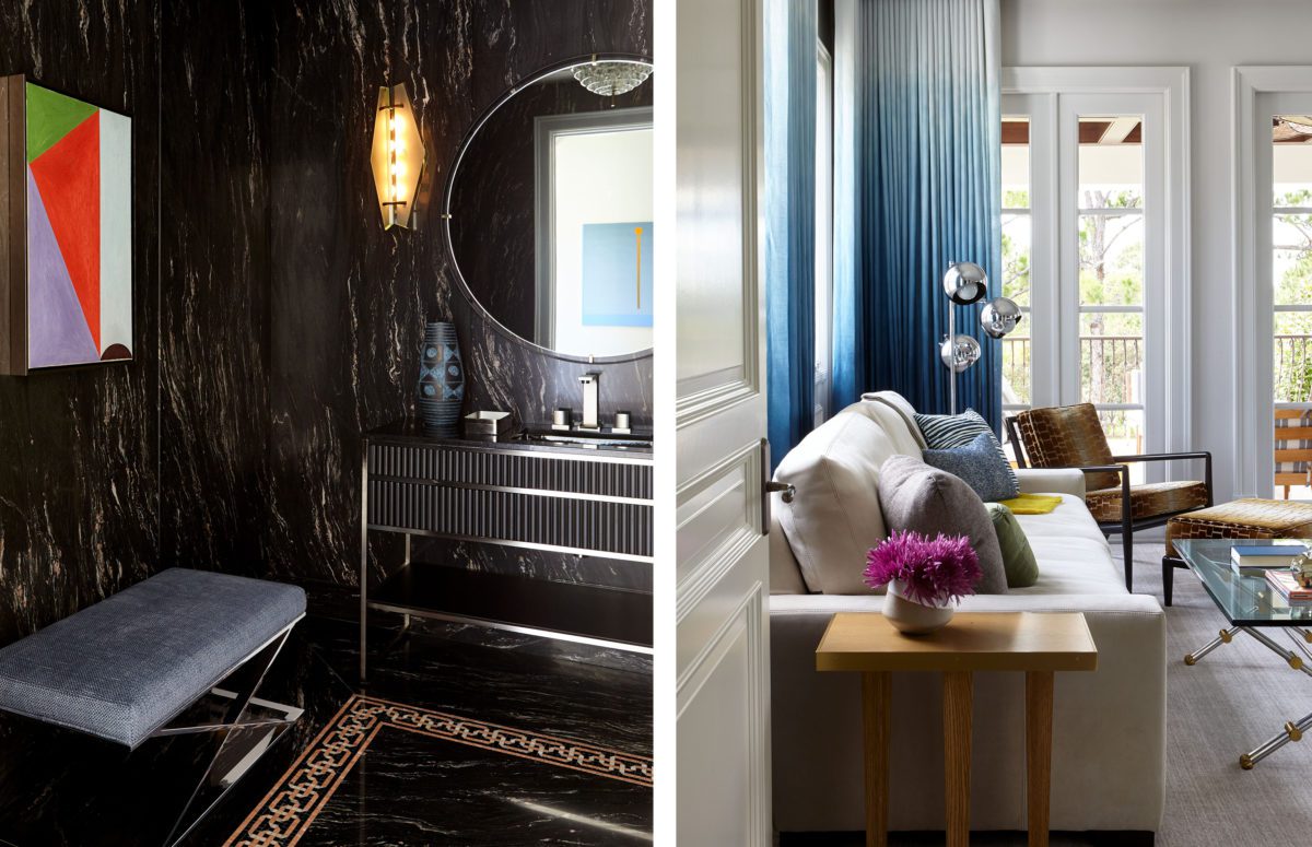 View of Dark Bathroom, a Livingroom with a Cozy White Sofa and Big Windows covered by White and Blue Curtains