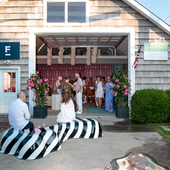 The Barn | Summer ’19 | The Frampton's Party | People Sitting on a Black and White Striped Oval Bench