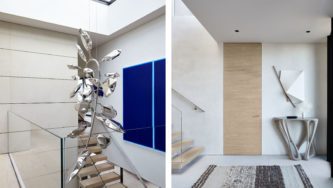 Amagansett Dunes House | View of Entrance with White Interior Design, Crystal Railing and Wooden Stairs