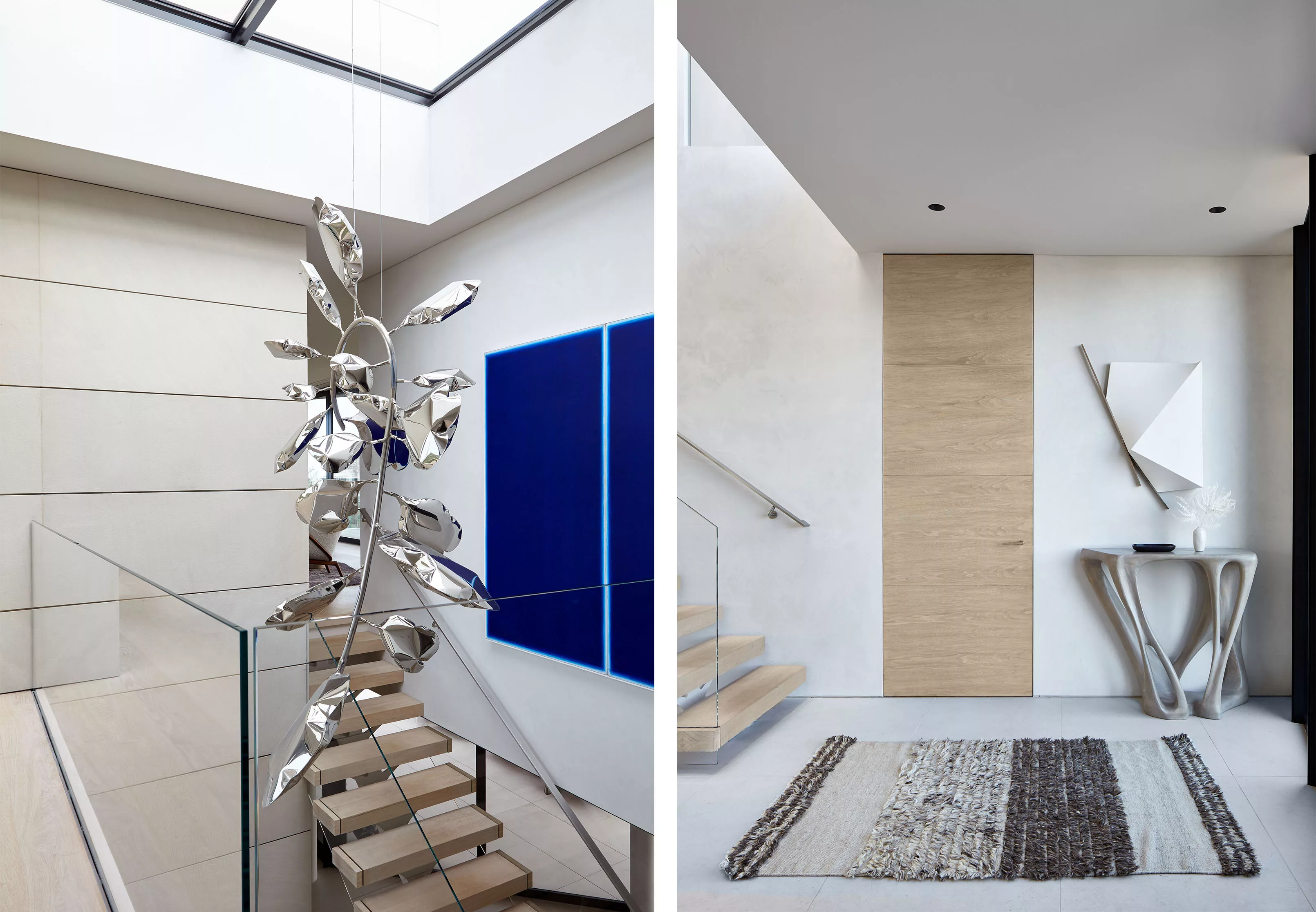 Amagansett Dunes House | View of Entrance with White Interior Design, Crystal Railing and Wooden Stairs