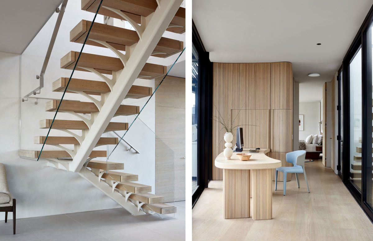 Amagansett Dunes House Entryway view of a Staircase with crystal railing and a small working area in a Corridor