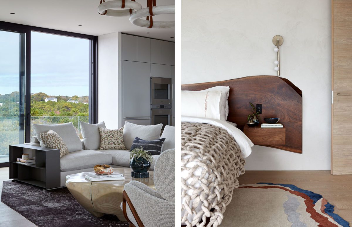 Lounge room details with woven blanket and custom wooden shelf in a bedroom