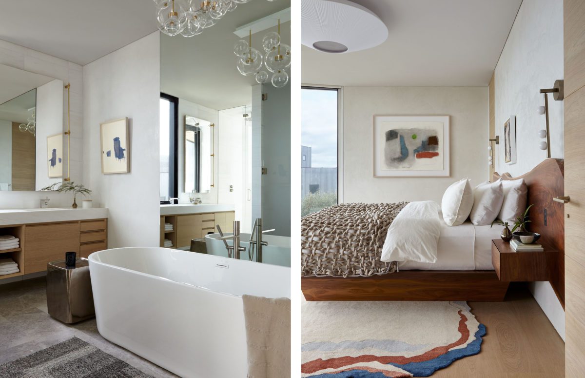 White Bathtub, A Full-Lenght Mirror Panel Nearby and a Double Wooden Bed