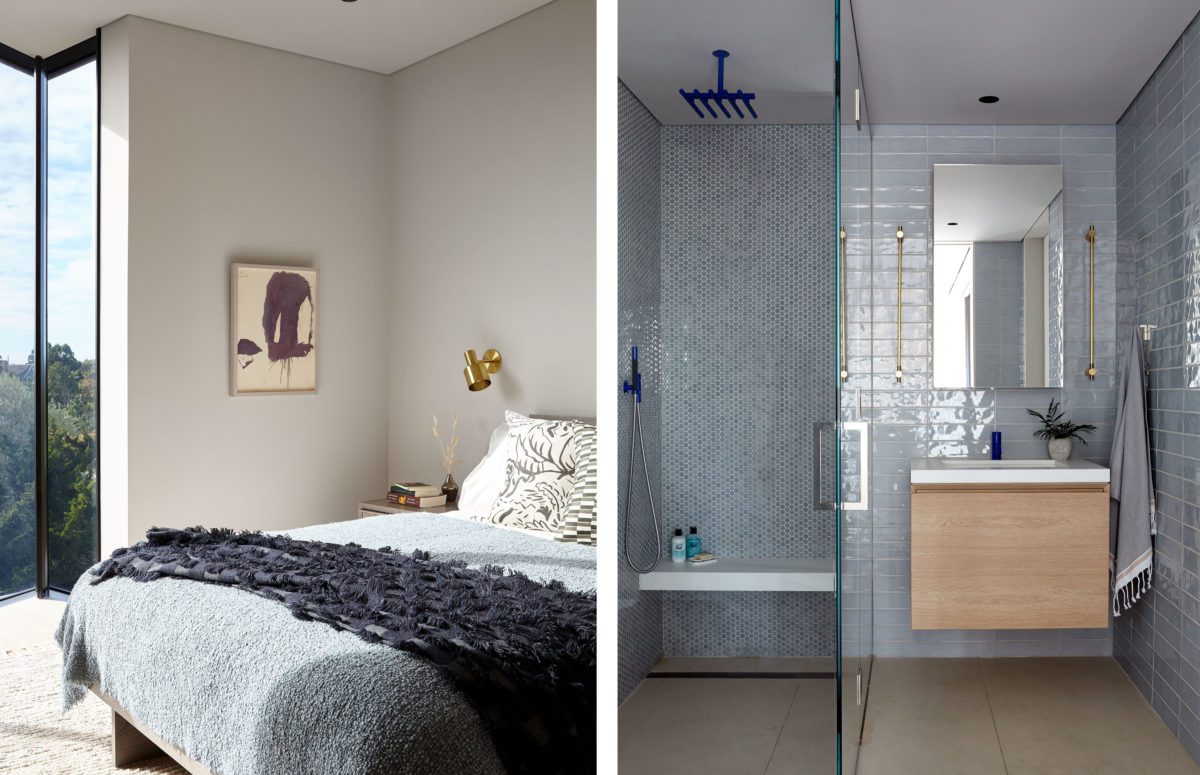 Grey Blanket Covering Double Bed and Grey Bathroom