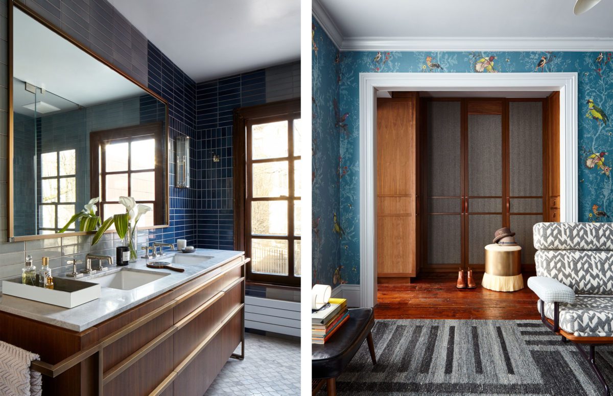 Brooklyn Townhouse | blue wallpaper in lounge space with blue tiles in bathroom
