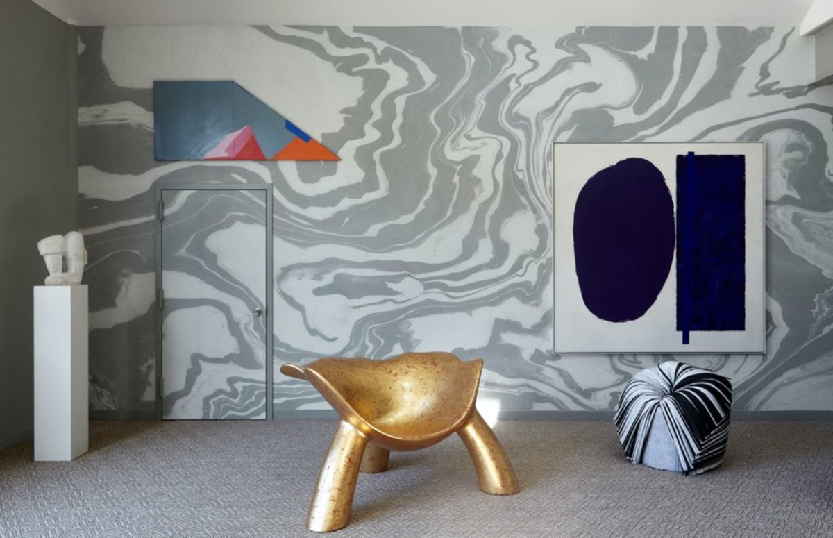 The Barn | Summer '18 | Golden Sculptural Chair, an Abstract Painting on the Wall and White and Grey Wallpaper