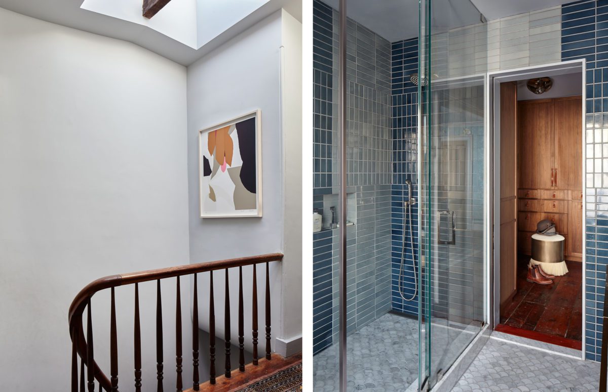 Wooden Railing and A View of A Bathroom with Blue-Shaded Tiles