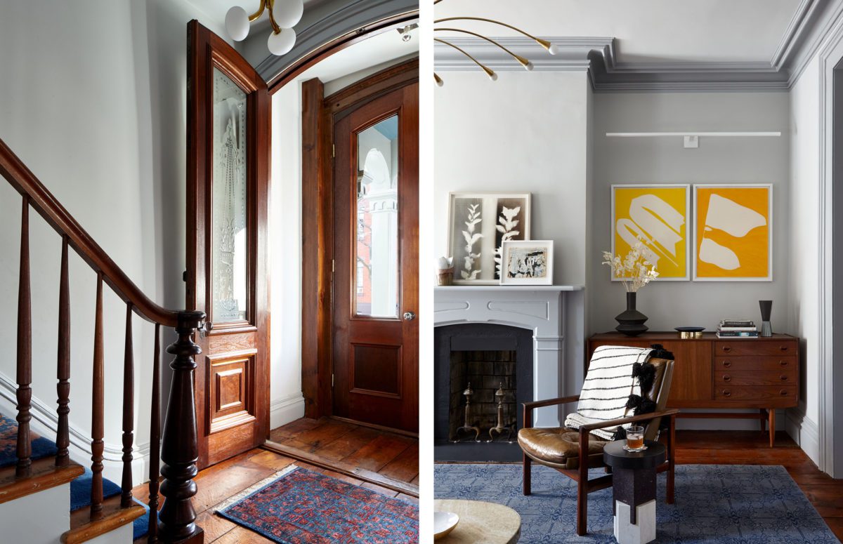 Brooklyn Townhouse Big Front Wooden door and entryway view of a Chair by a Fireplace