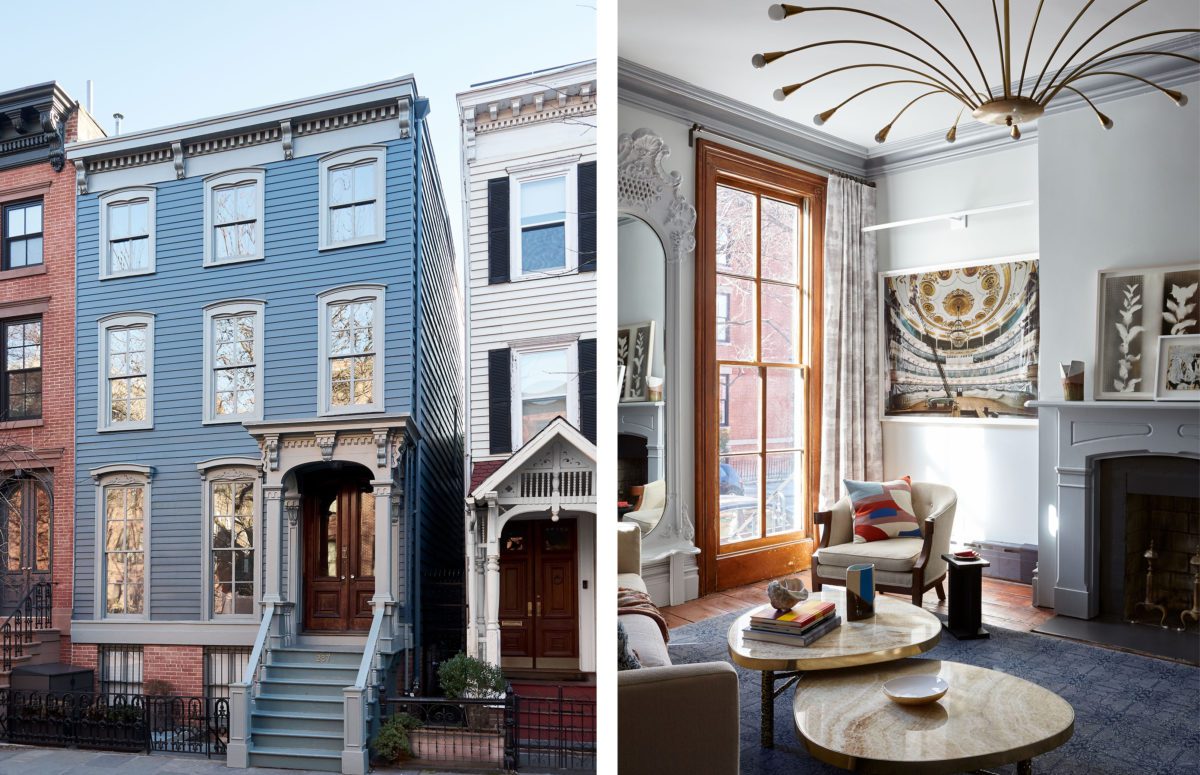 Outside View of a Blue House and an Indoor View of a Living Room