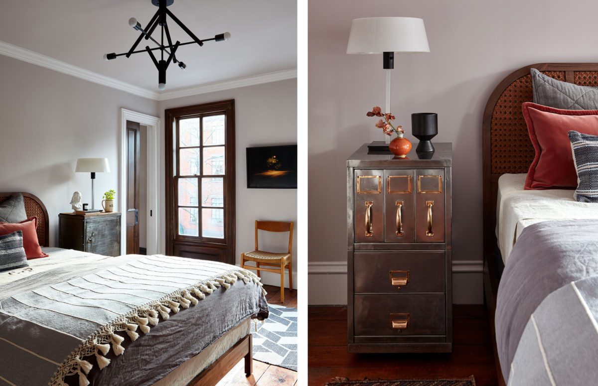 Rustic bedroom details with wooden nightstand and dresser
