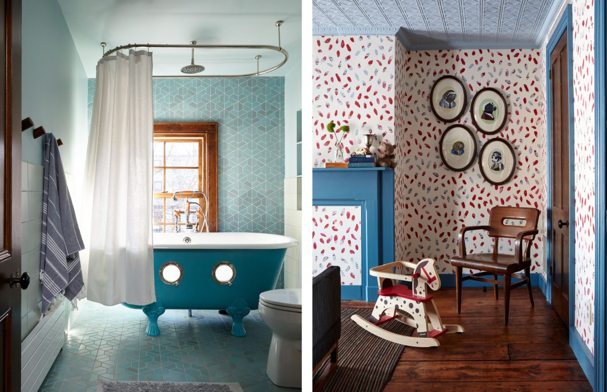 Child's room with red-white wallpaper and blue bathroom with bathtub
