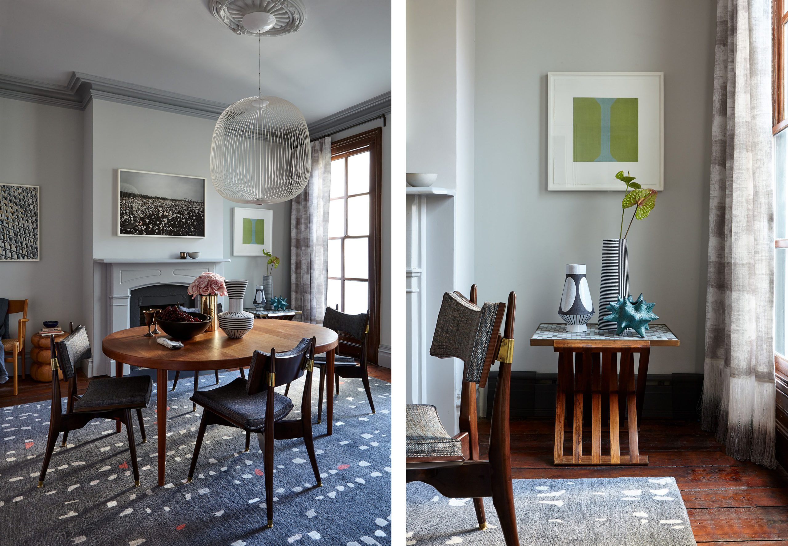 Wooden Dining Table and Four Chairs next to a White Fireplace