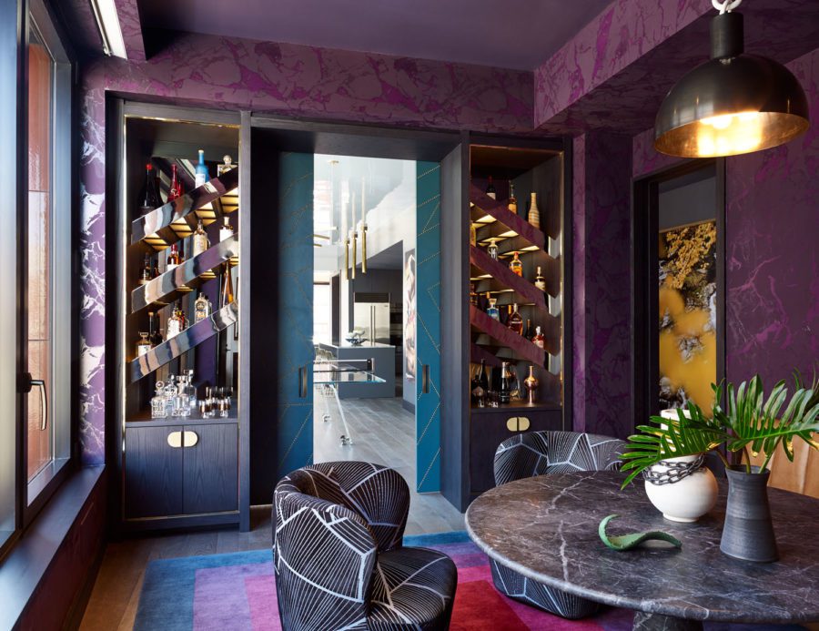 Dining room with Purple Interior design and Custom-made Millwork Liquor Cabinets