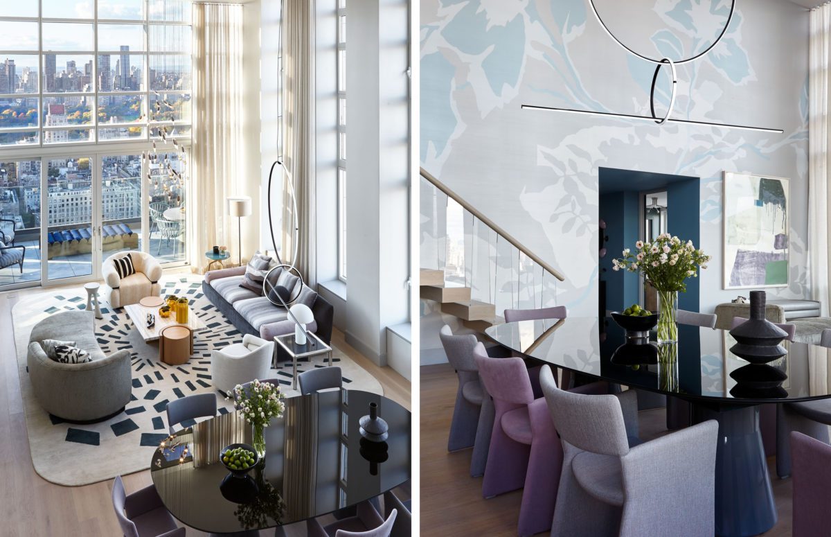 Top View of Cozy Living Room with Views of The City and A Dining Area in Purple Shades