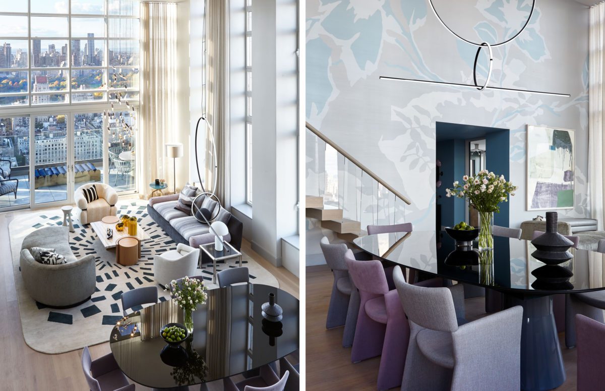 Top View of Cozy Living Room with Views of The City and A Dining Area in Purple Shades