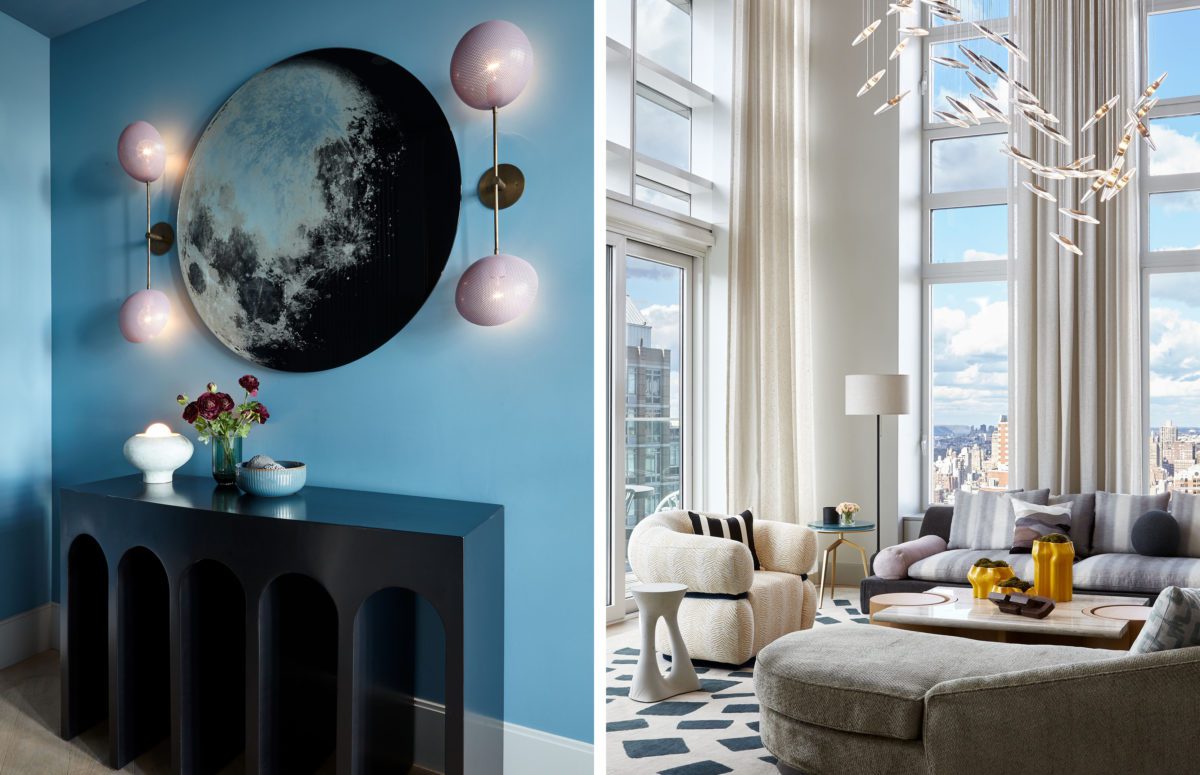 The Leyton Penthouse | Big Moon Decoration on the Wall and a Living Room with Sitting Area next with views of the city
