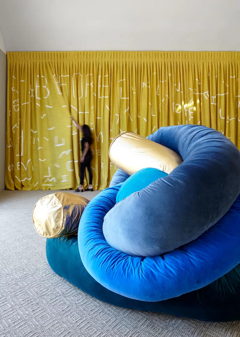 The Barn | Body Language ’21 | Molly Findlay’s Mrs. Noodle Pillow in Golden and Blue Shades