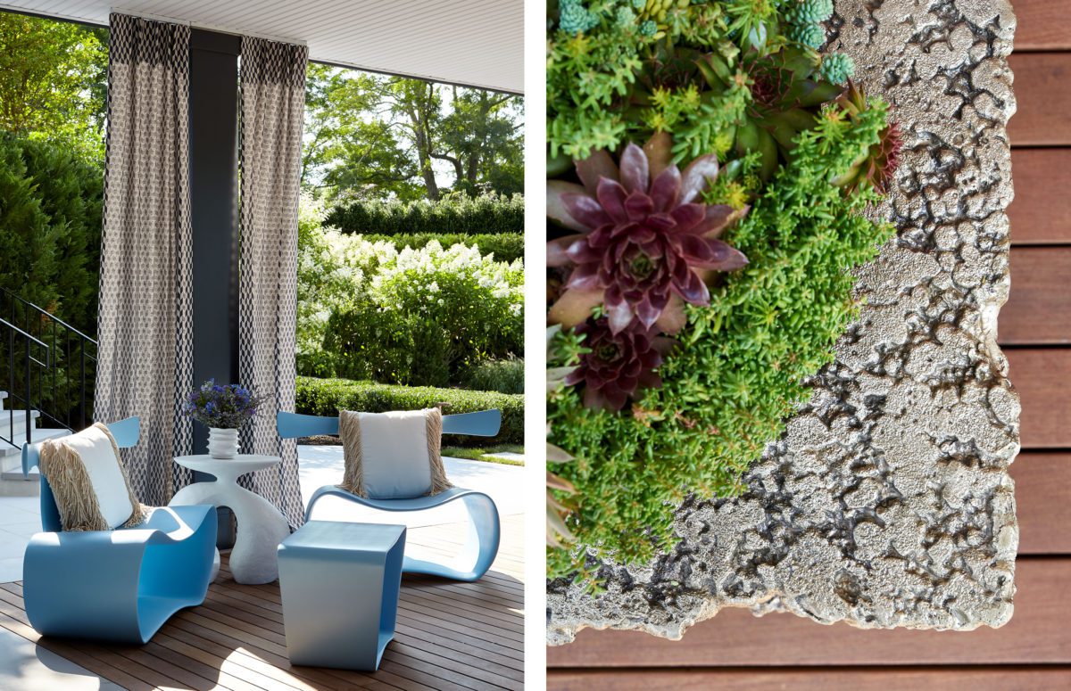 Outdoor lounge with light blue sculptural chairs and a small blue table