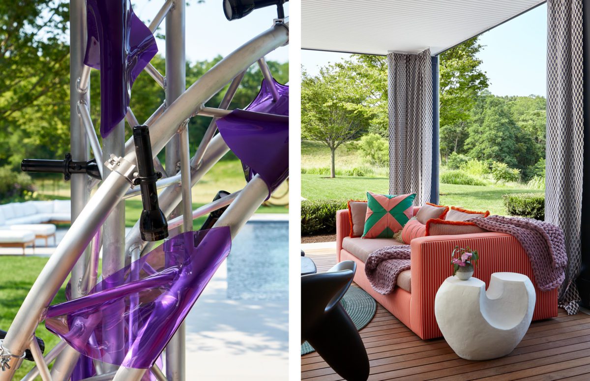 Outdoor lounge with an orange sofa and a small sculptural table with a close-up of decoration