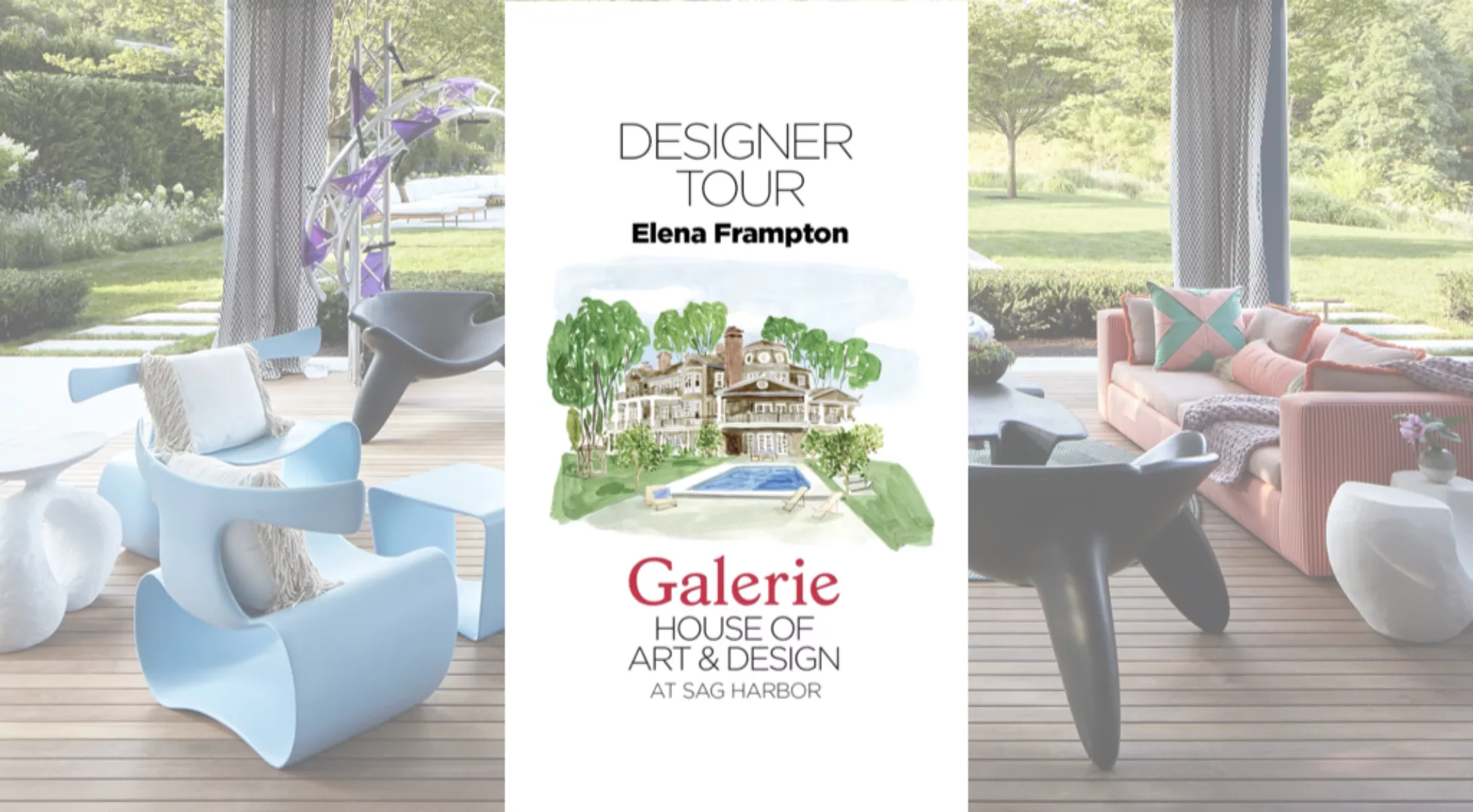 Galerie House Designer Tour | An Outdoor View of Seating Area with Sculptural Chairs and Cozy Pink Sofa