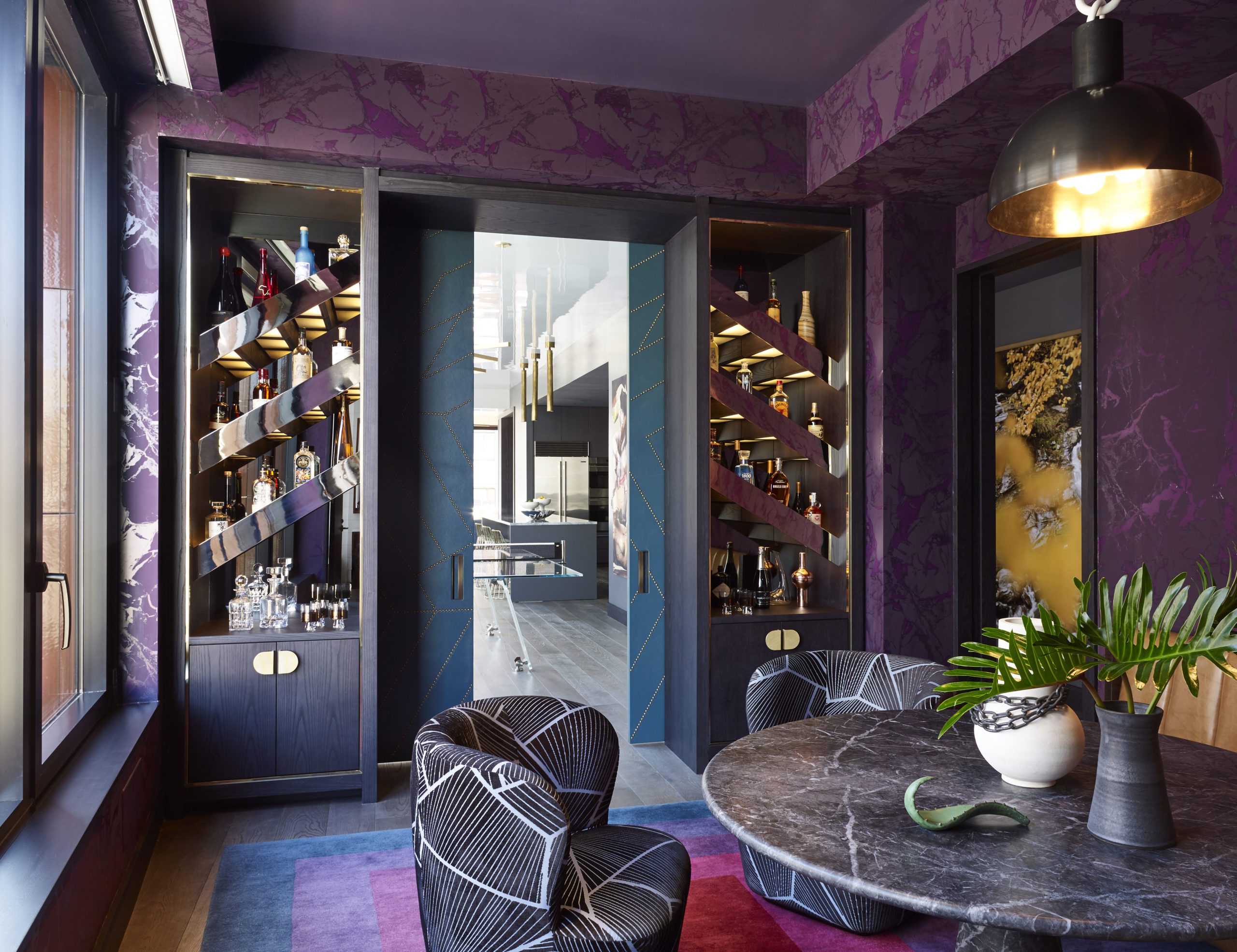 Dining room with Purple Interior design and Custom-made Millwork Liquor Cabinets