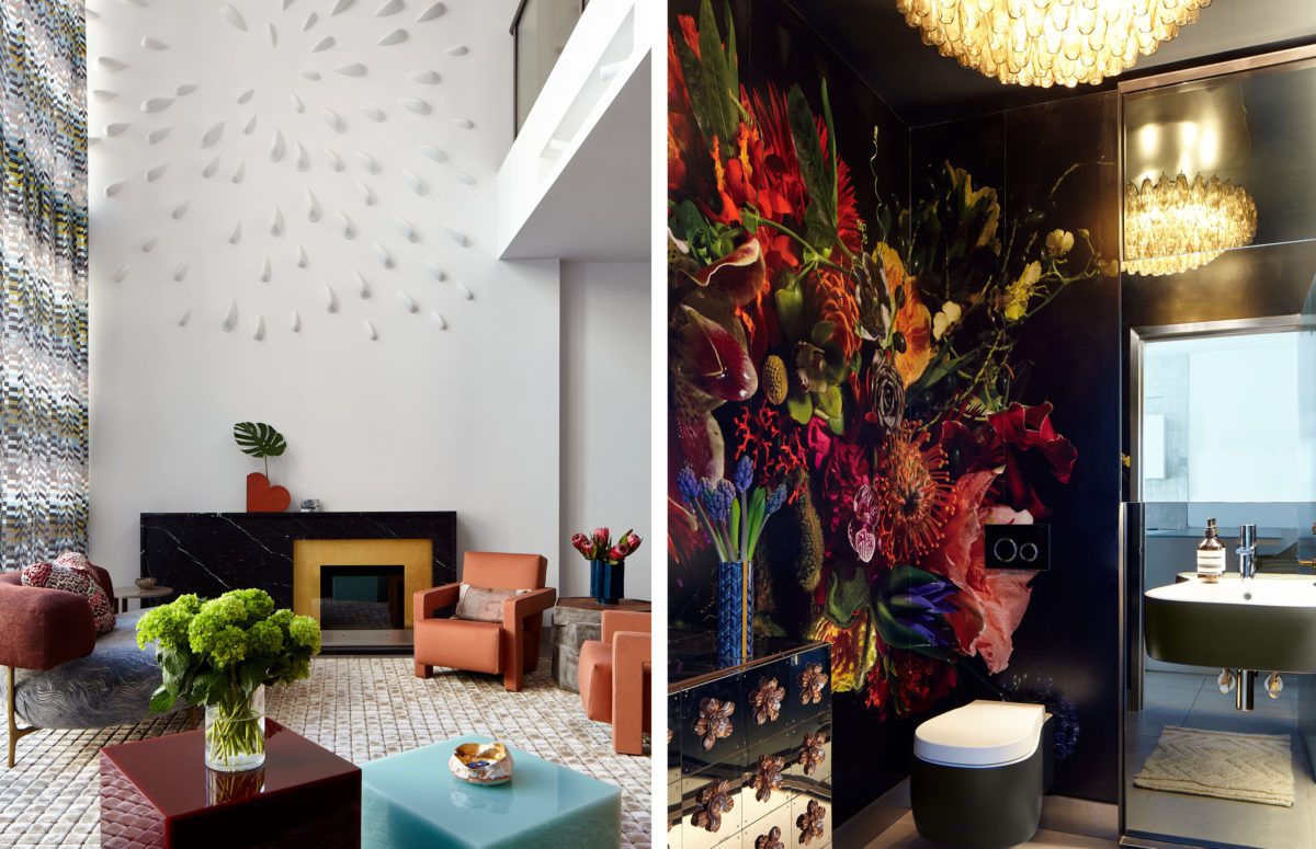 Gramercy Townhouse | A Sitting Area with Furniture in Different Colors and A Dark Bathroom With Flower Wallpaper