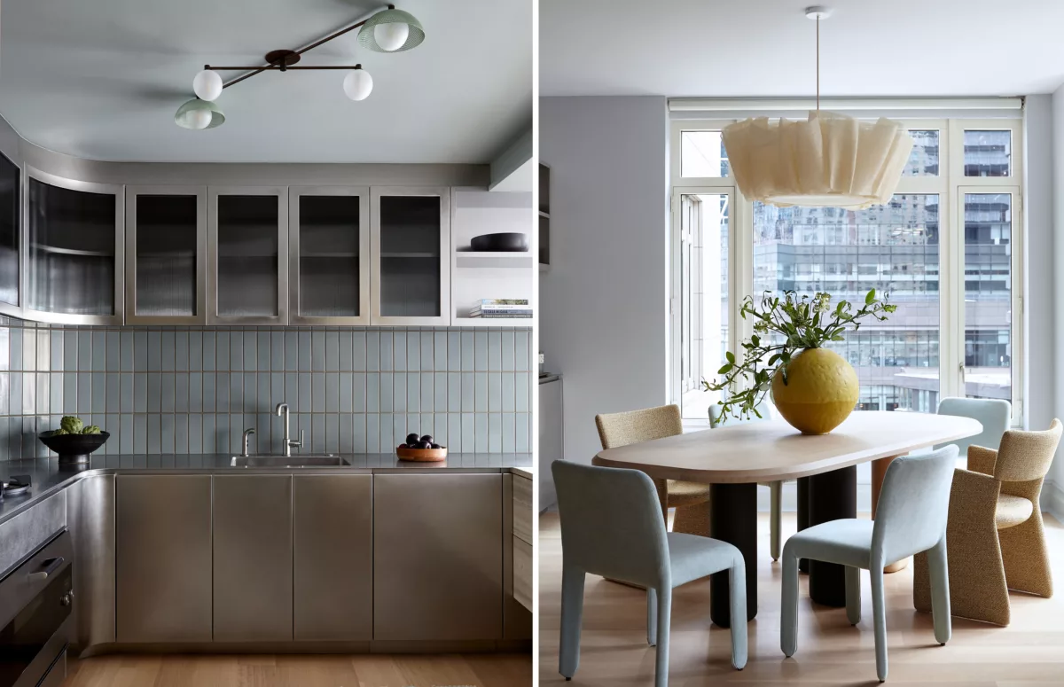 Airy dining room and kitchen with custom steel and fluted glass cabinet design