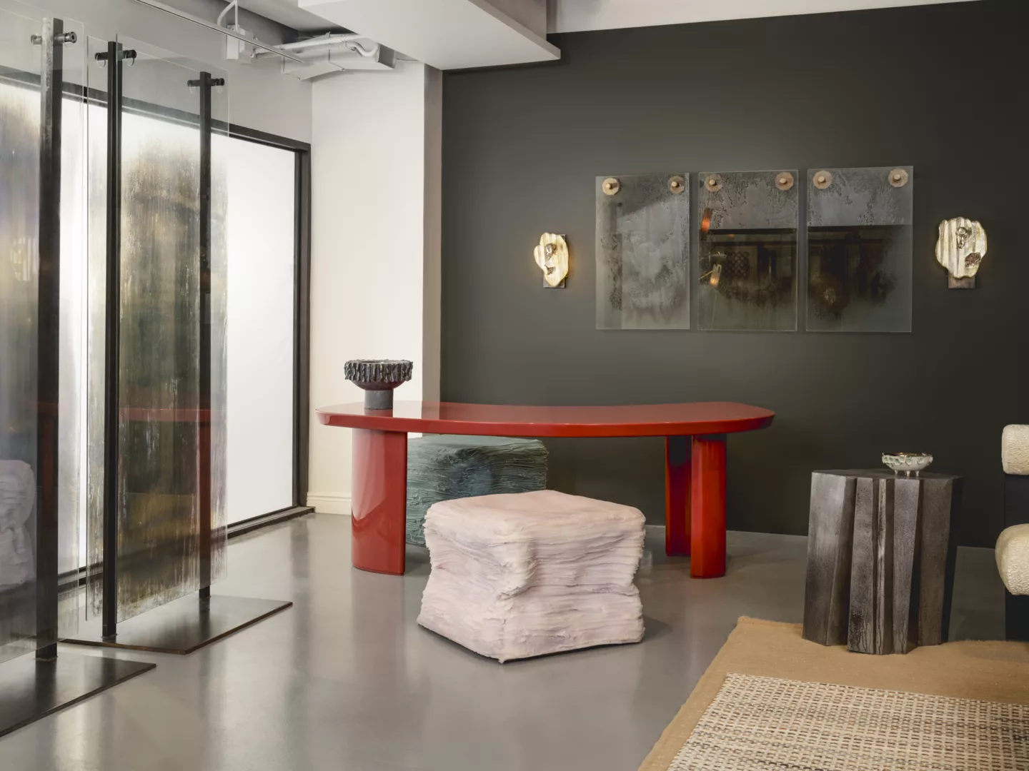 Fourth House installation view of Gregory Nangle design and artworks with lacquer Arc desk