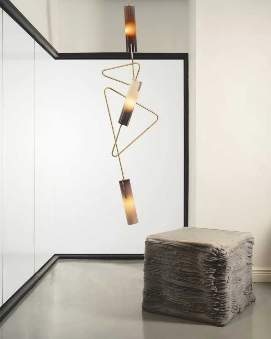Continuum chandelier by Andrea Avram Rusu and cube sculpture by Nick Missel