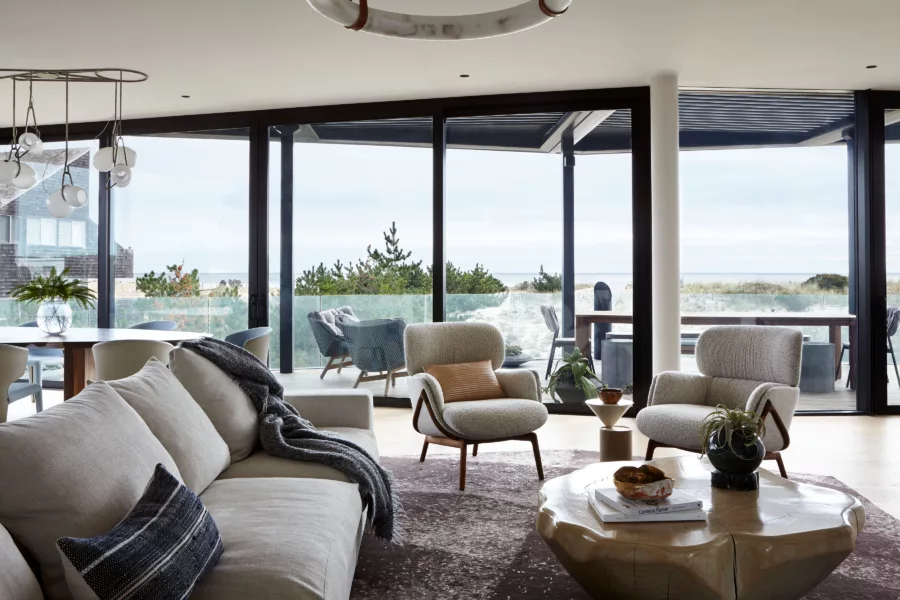 Interior design and beach views from living room of Amagansett Dunes project