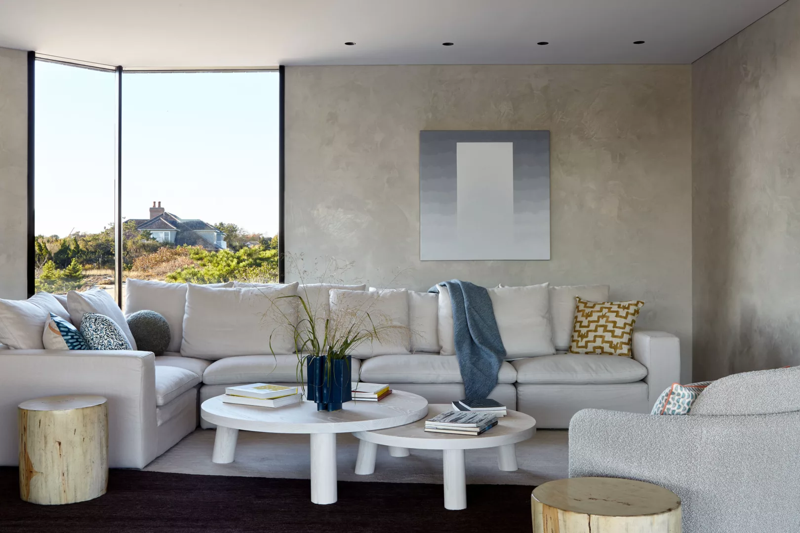 interior living room with plaster walls and organic materials