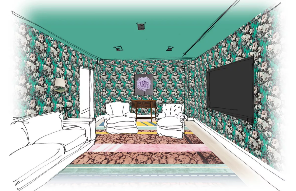 Teal and pink lounge space with floral wallpaper